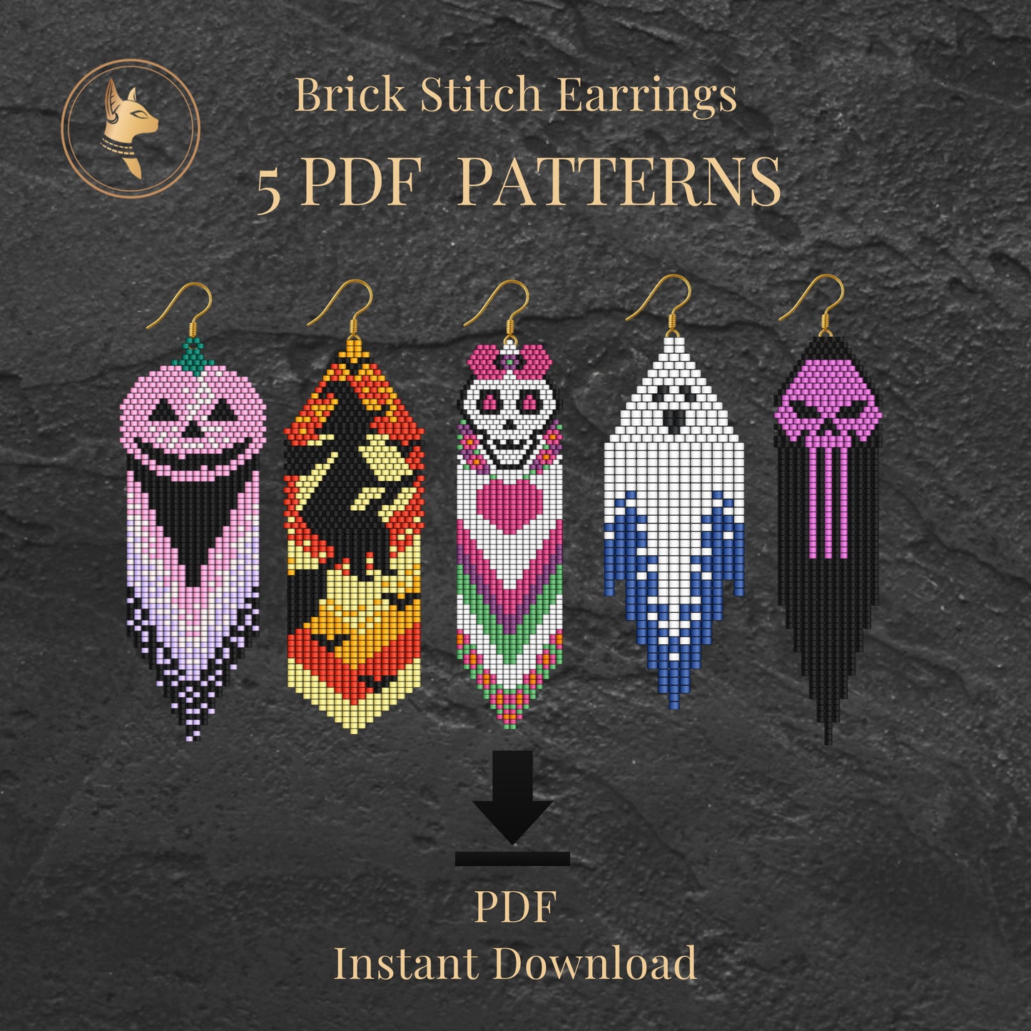 5 Halloween Brick Stitch Earrings Patterns PDF Bundle: Witch, Pumpkin, Sugar Skull, Ghost