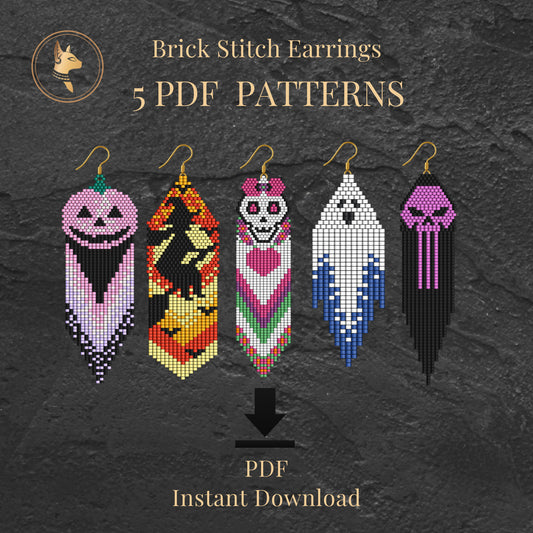 5 Halloween Brick Stitch Earrings Patterns PDF Bundle: Witch, Pumpkin, Sugar Skull, Ghost
