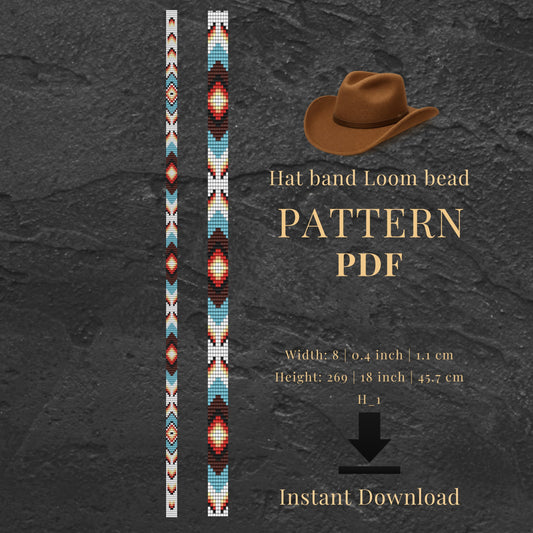 Hat band loom bead pattern PDF with two patterned bands and a cowboy hat on a dark gray background.