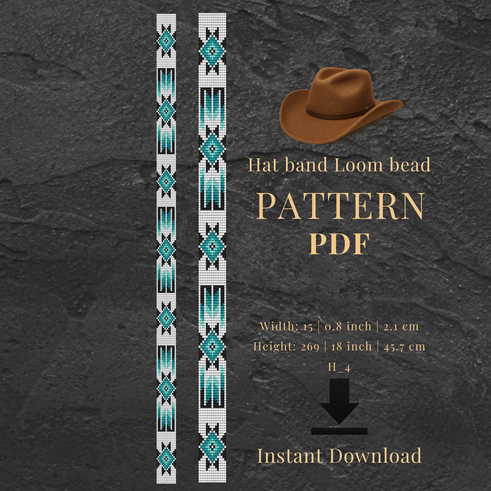 Hat band loom bead pattern PDF with a brown cowboy hat on a dark gray background