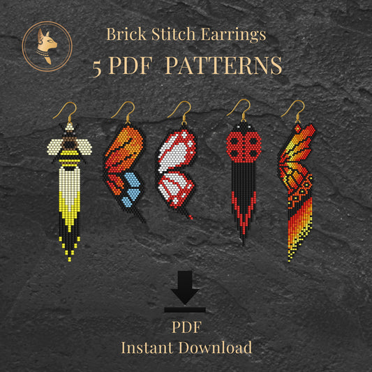 Brick Stitch Earrings with 5 PDF patterns on a dark textured background