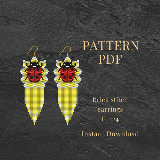ladybug Brick stitch earrings design on a dark textured background, featuring text about a pattern PDF.