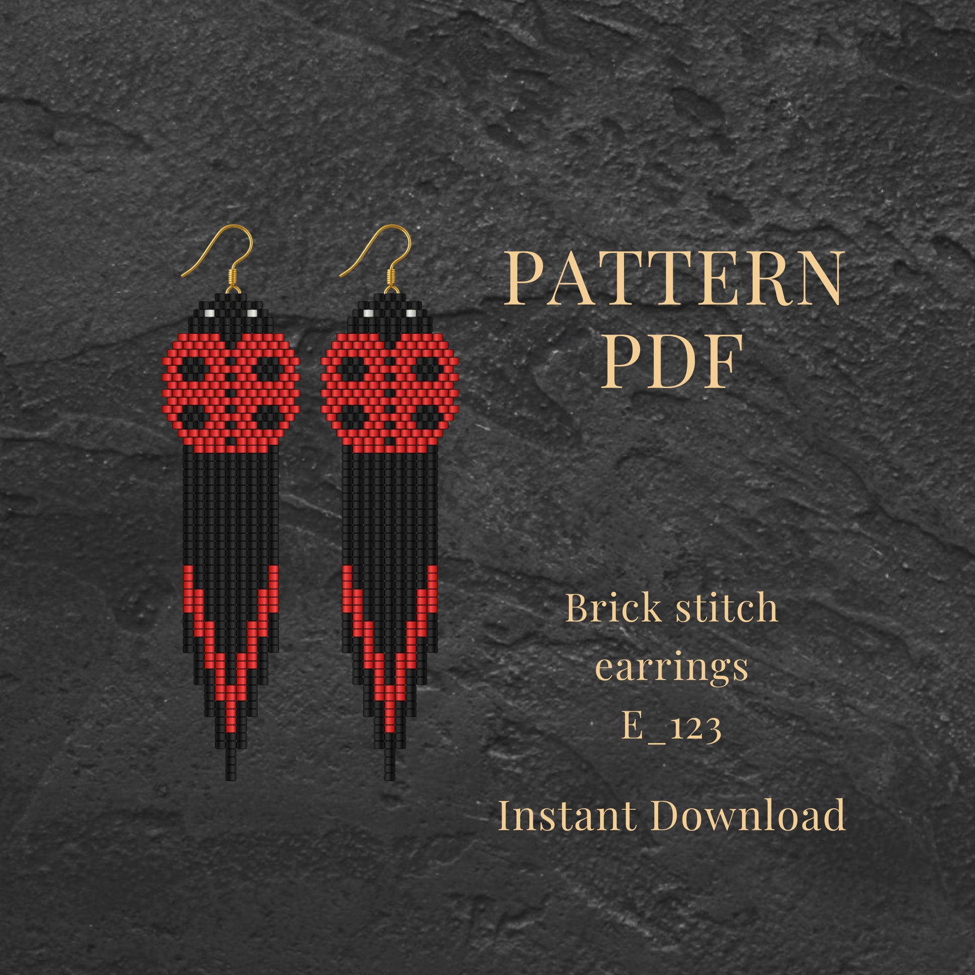 red ladybug Brick stitch earrings pattern PDF on a dark textured background