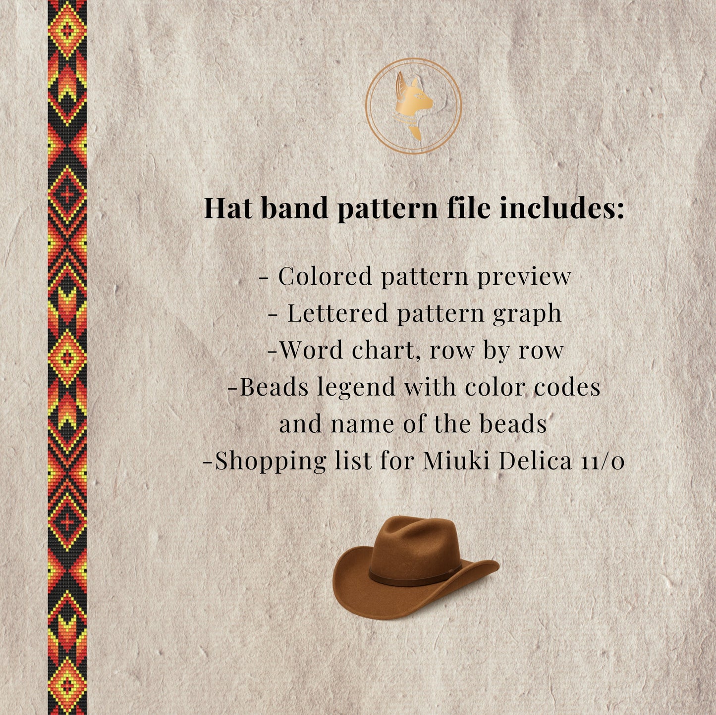 Loom beaded hat band pattern in western cowboy and cowgirl style, intermediate level PDF.