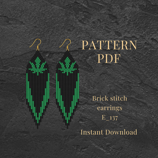 Brick stitch earrings with green marijuana  design pattern on a dark gray background, featuring text about a pattern PDF.