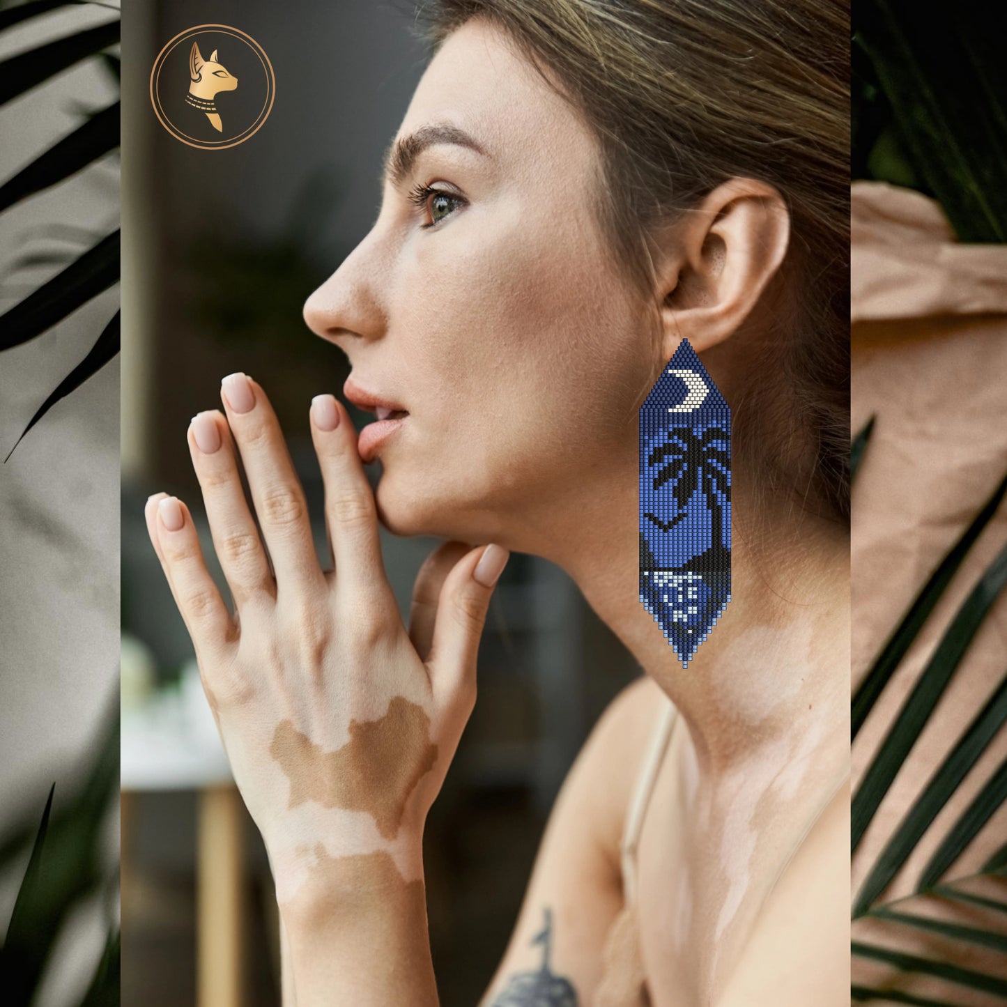 Seed Beaded Earrings Pattern PDF Palm and Moon Brick Stitch Summer Earrings