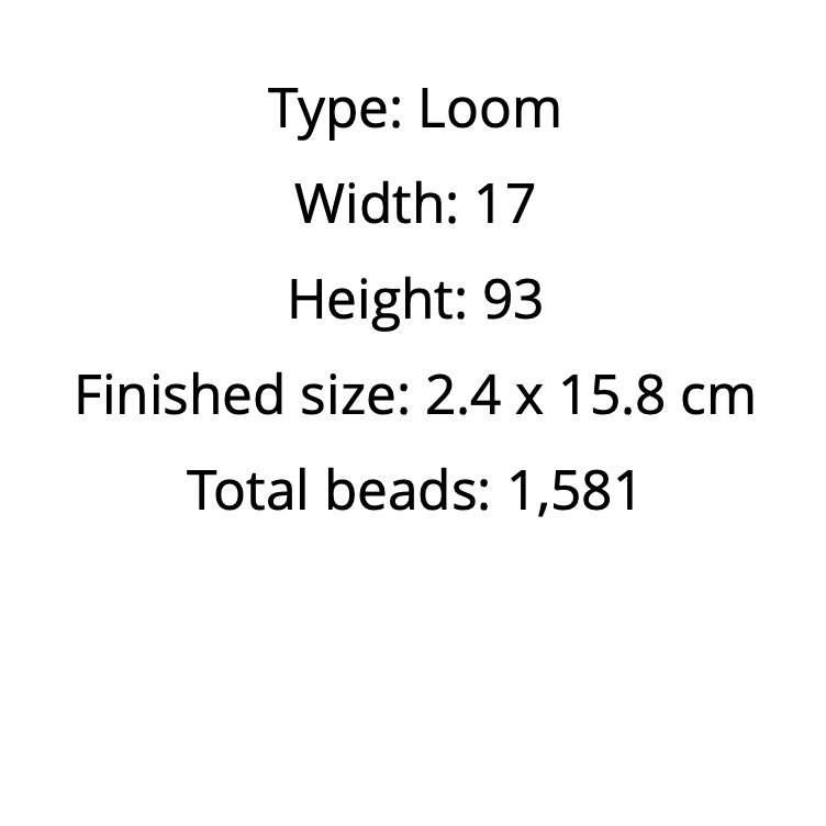Text displaying loom details including type, width, height, finished size, and total beads on a white background.
