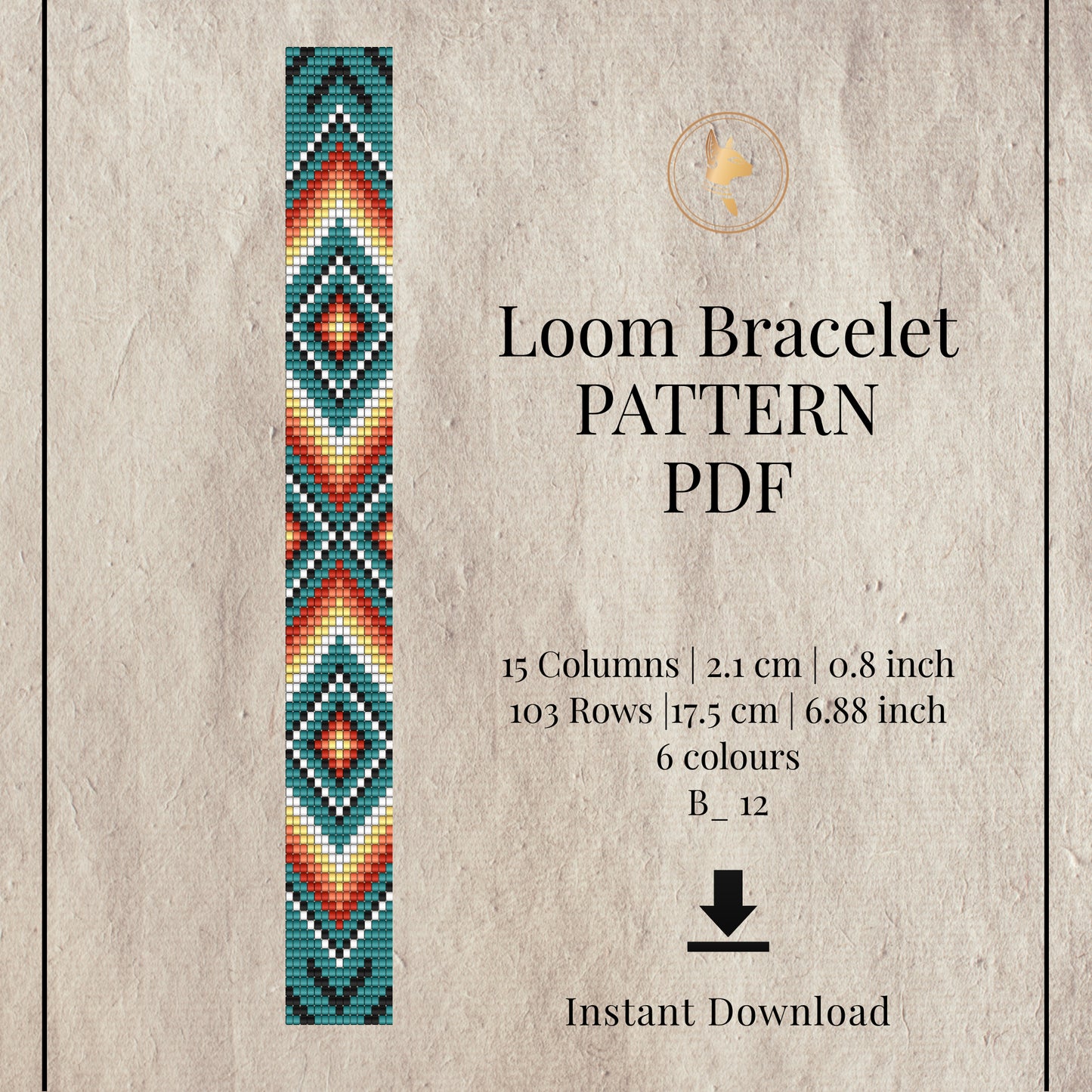 Loom bracelet pattern PDF with colorful design on a textured beige background