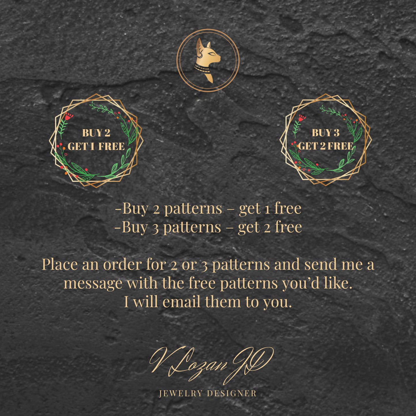 Promotional text on a dark textured background with decorative elements and jewelry design branding.