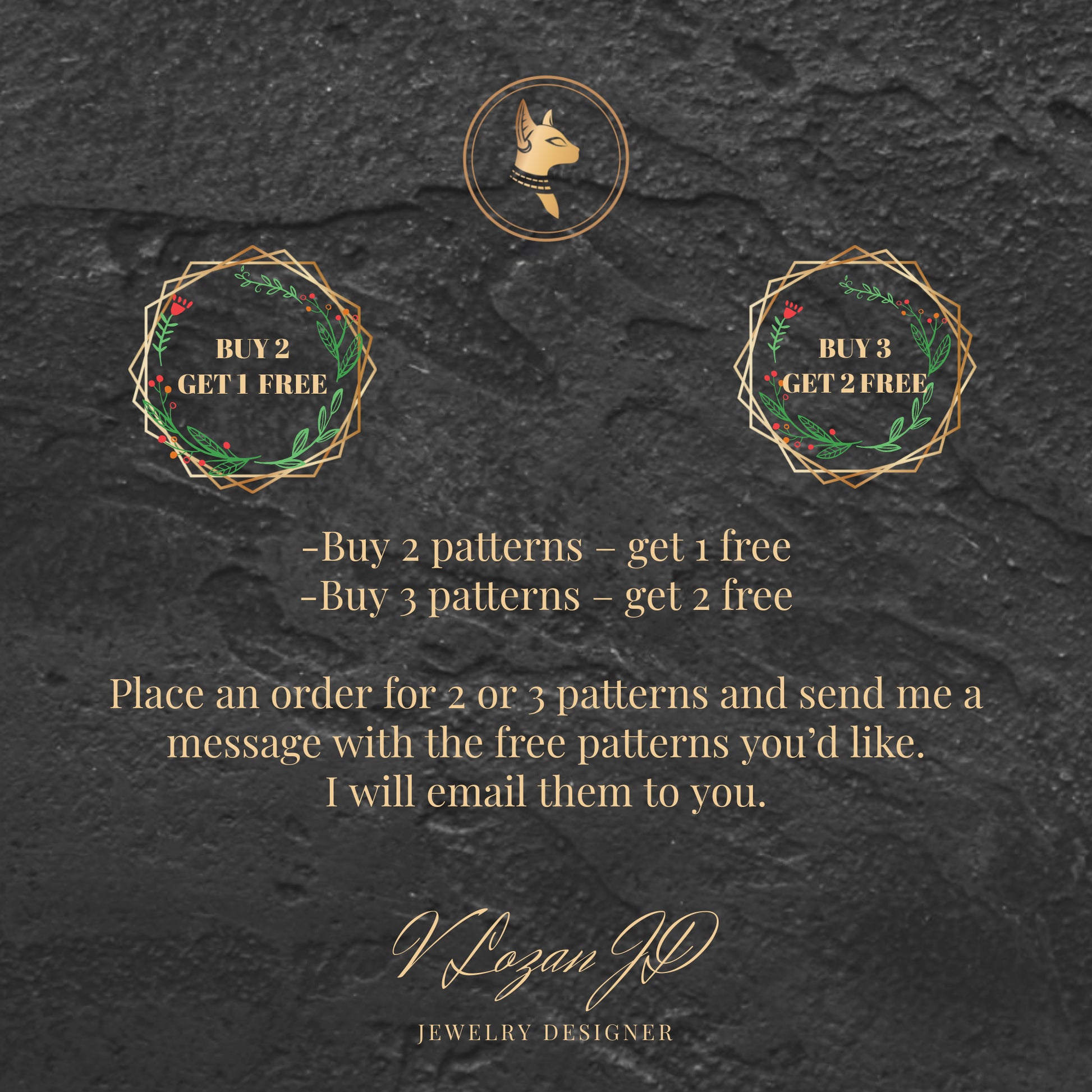 Promotional text on a dark textured background with decorative elements and jewelry design branding.