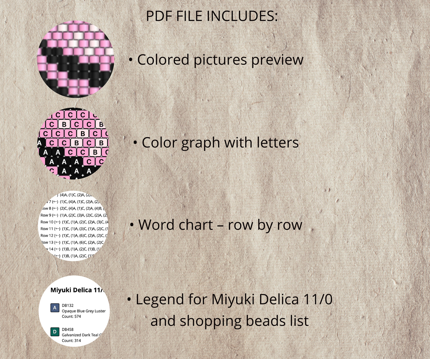 Textual information about a PDF file including colored pictures, color graph with letters, word chart, and bead legend on a textured beige background.