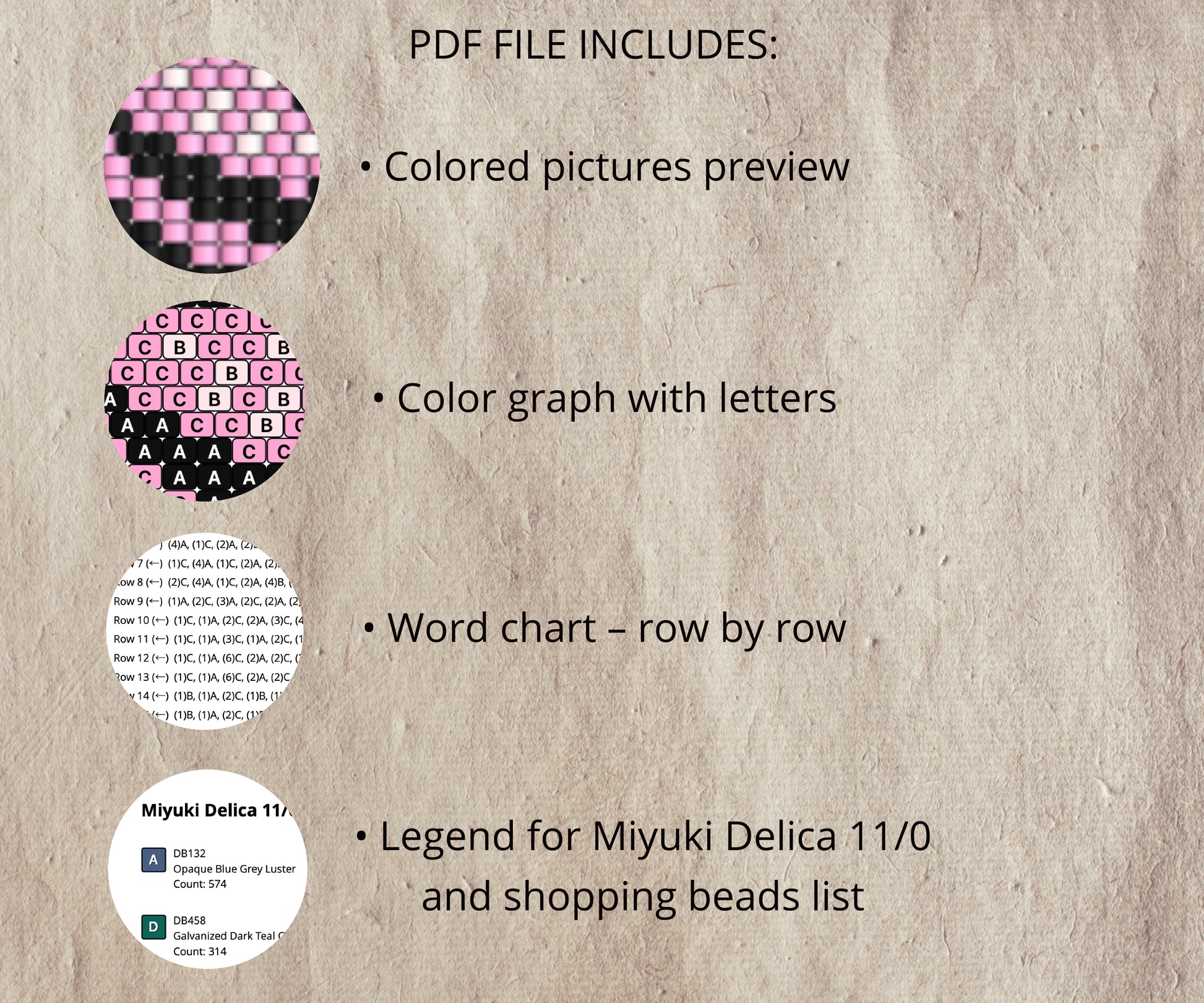 Textual information about a PDF file including colored pictures, color graph with letters, word chart, and bead legend on a textured beige background.