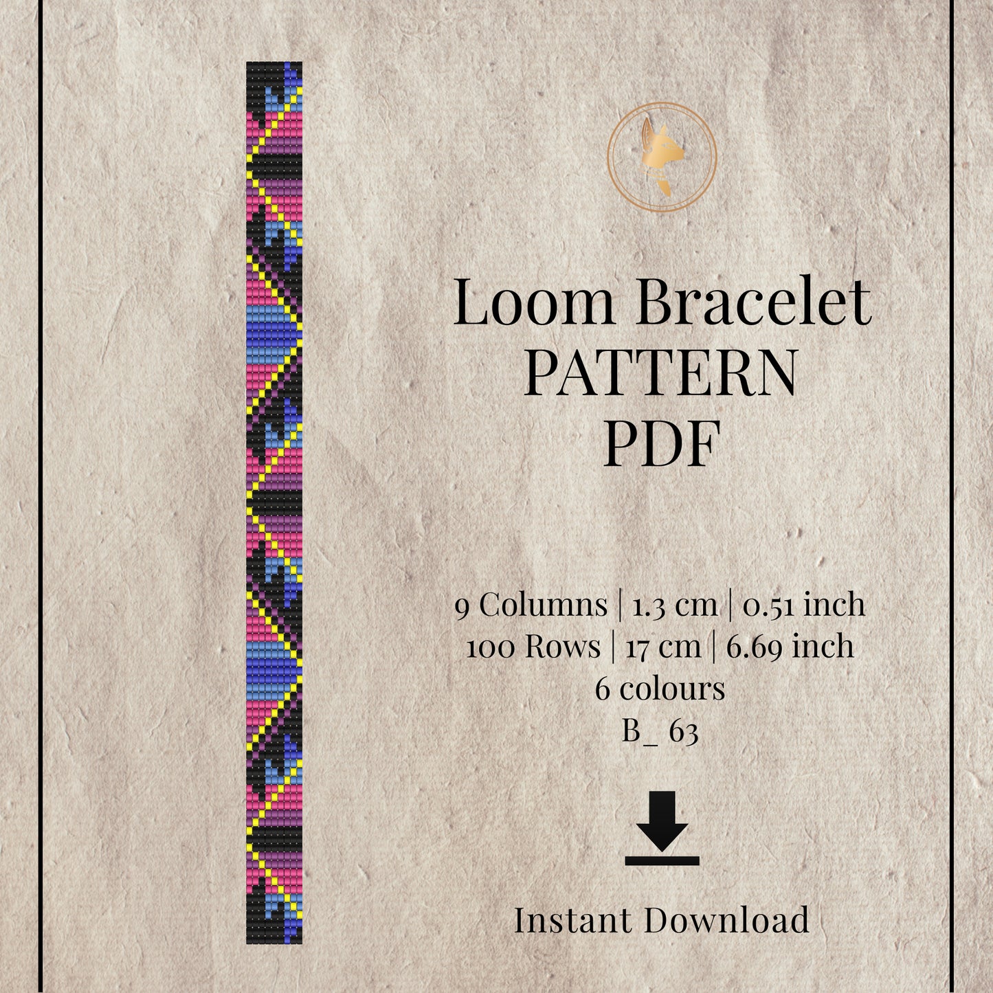Loom bracelet pattern PDF with colorful design on a textured beige background