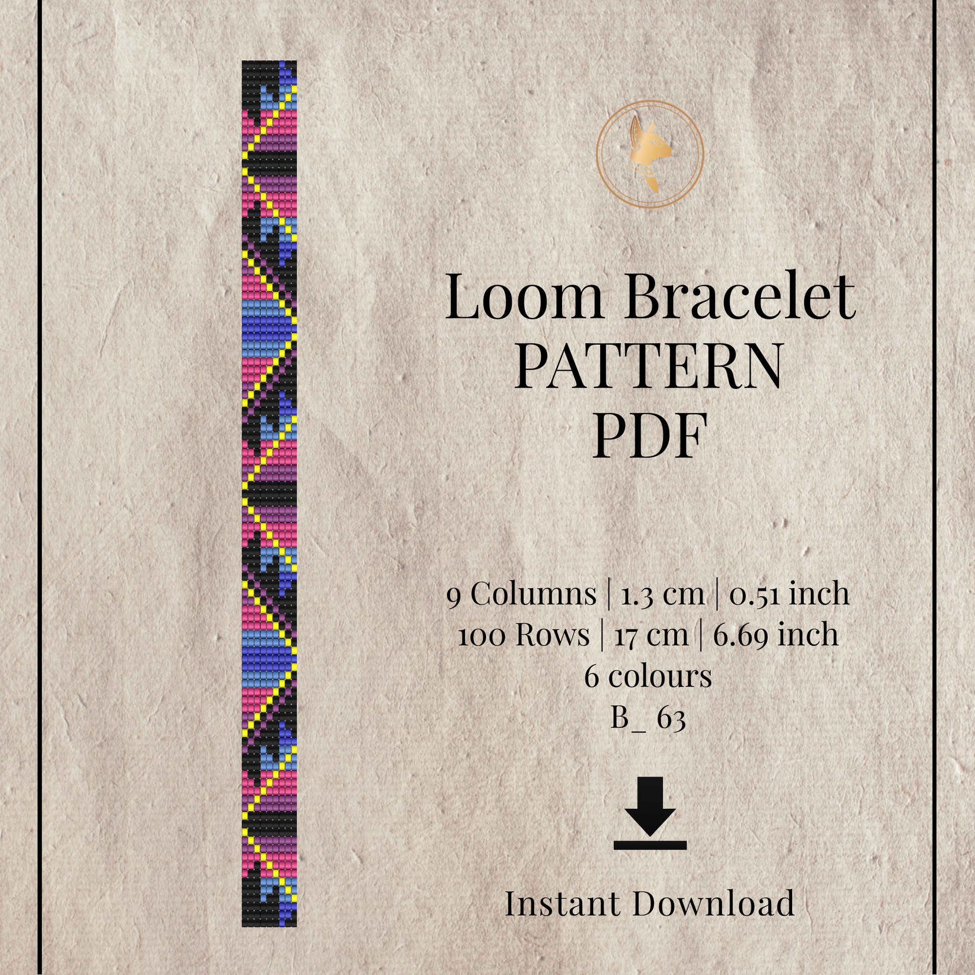 Loom bracelet pattern PDF with colorful design on a textured beige background