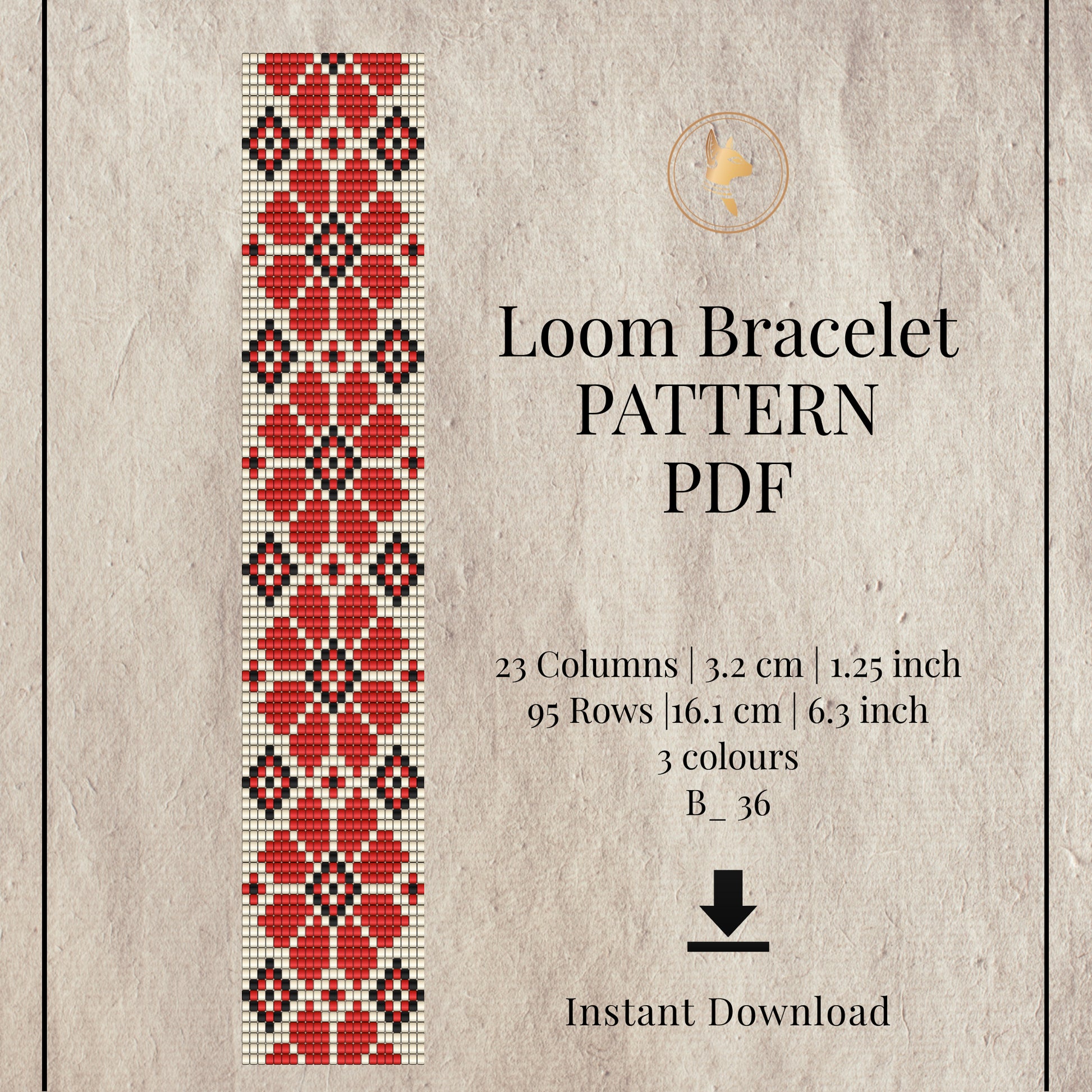 Loom bracelet pattern PDF with red and black design on a textured beige background