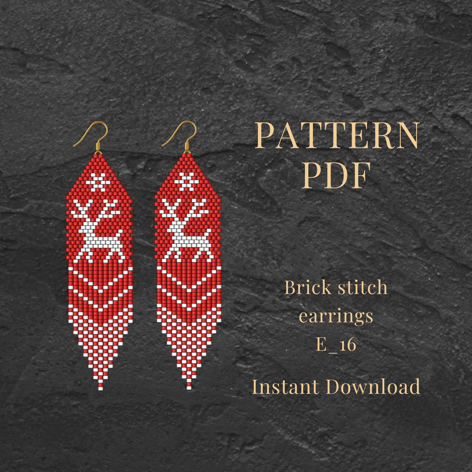 reindeer Christmas Brick stitch earrings  pattern on a dark background, accompanied by text about a pattern PDF.