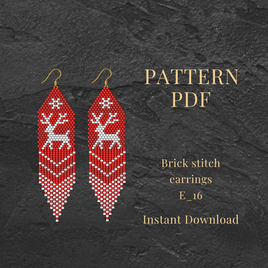 reindeer Christmas Brick stitch earrings  pattern on a dark background, accompanied by text about a pattern PDF.