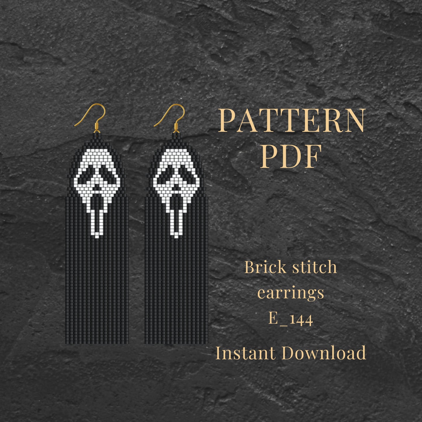 Brick stitch earrings with skull design on a dark textured background, featuring text about a pattern PDF.