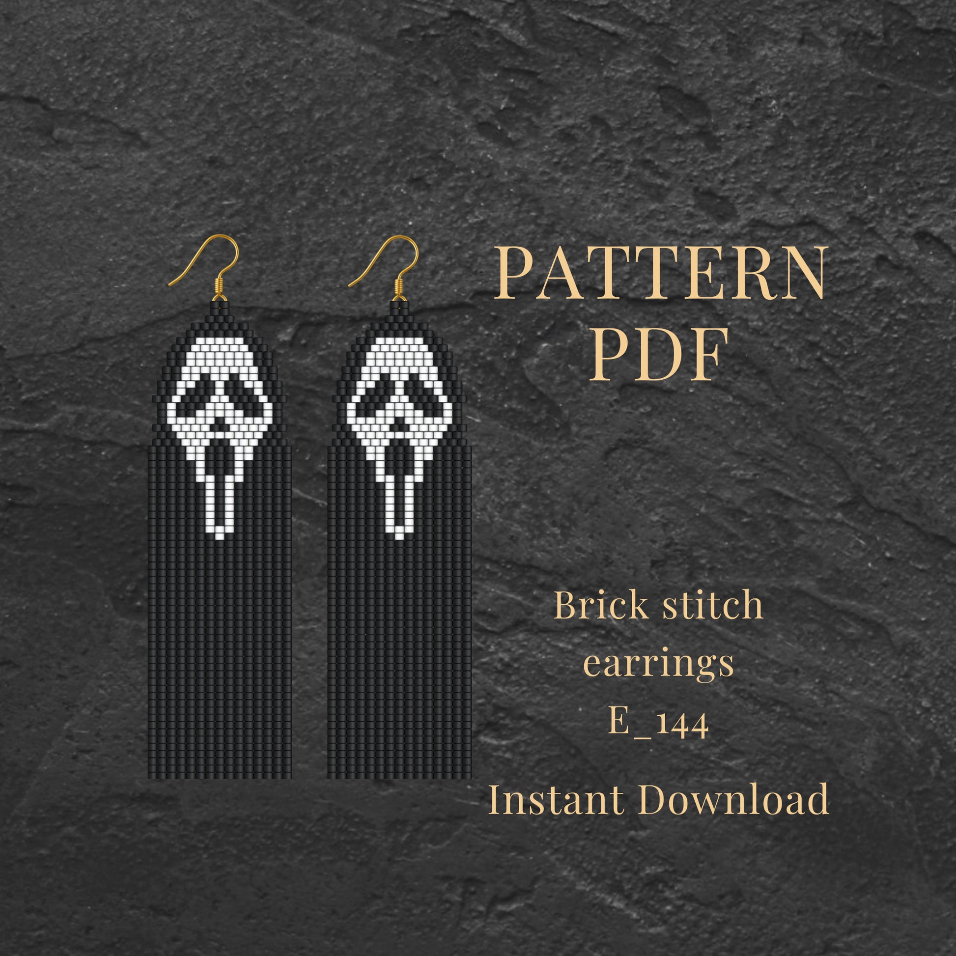 Brick stitch earrings with skull design on a dark textured background, featuring text about a pattern PDF.