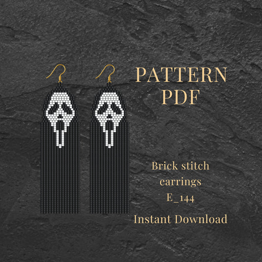 Brick stitch earrings with skull design on a dark textured background, featuring text about a pattern PDF.