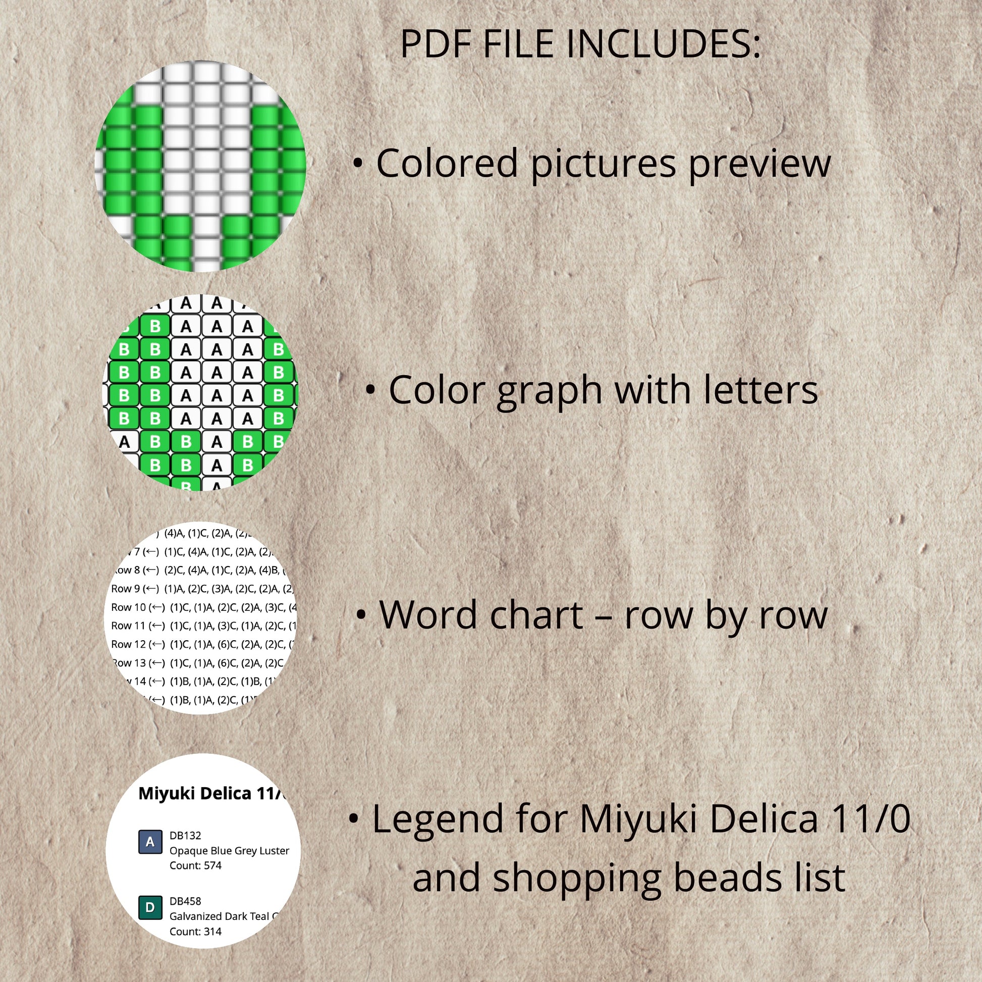 Textual information about a PDF file including colored pictures, color graph with letters, word chart, and bead legend on a textured beige background.
