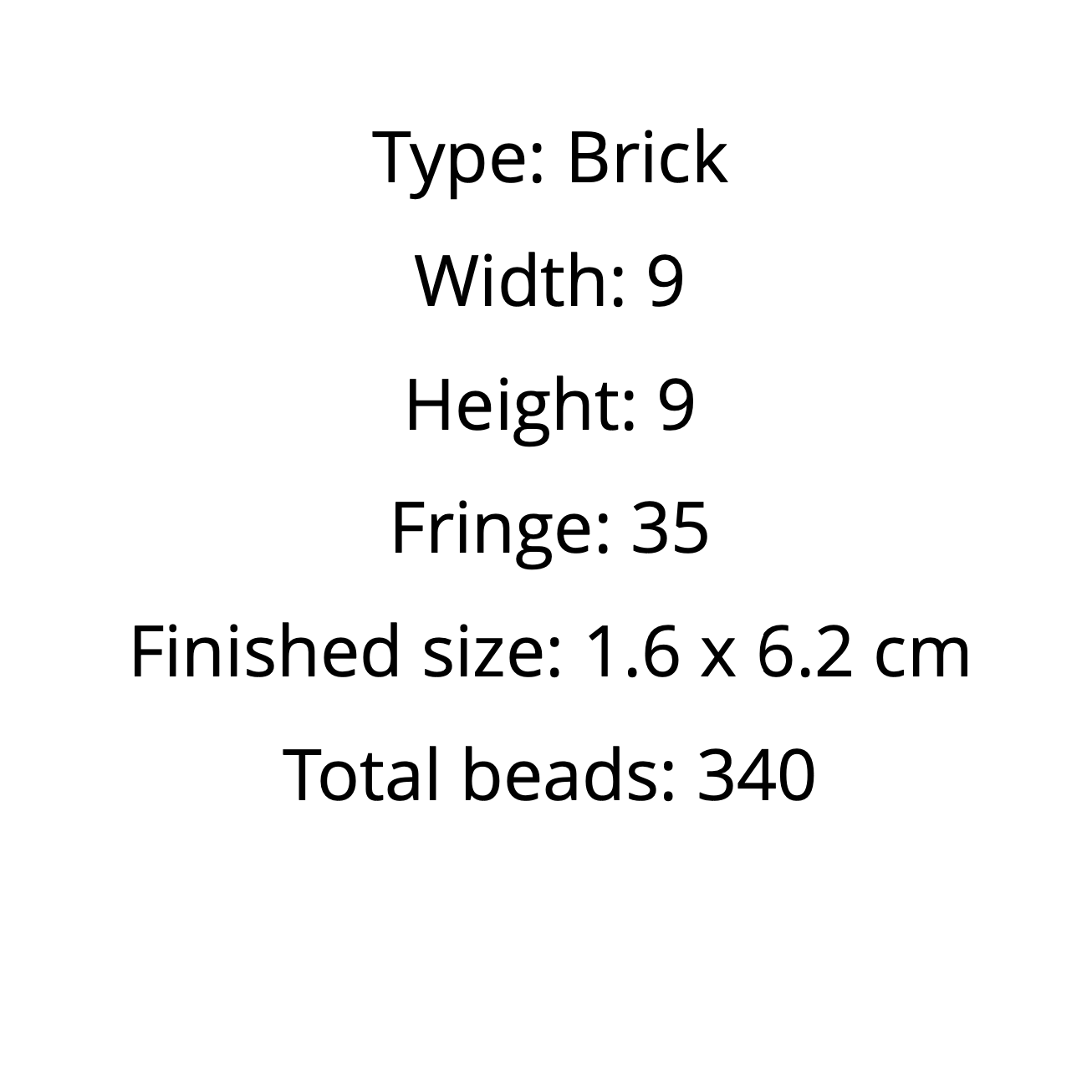 Text detailing the specifications of a product with dimensions and bead count.