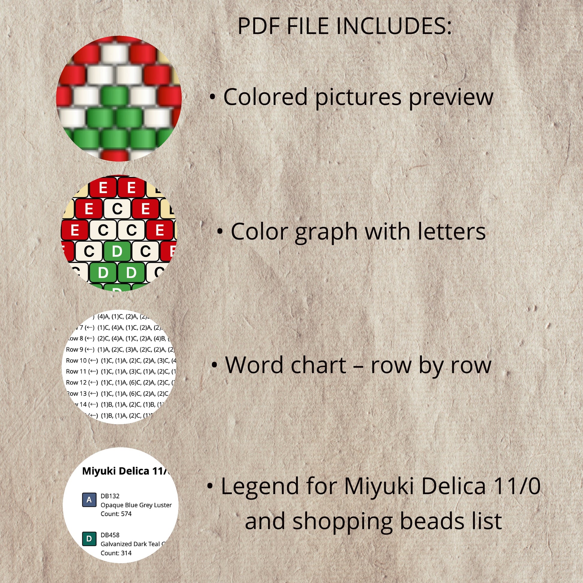 Textual information about a PDF file containing colored pictures, color graph with letters, word chart, and bead legend on a textured beige background.