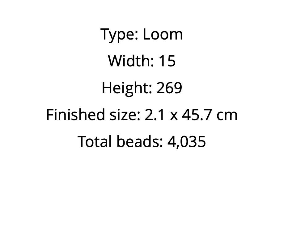 Text displaying loom type, dimensions, and bead count on a white background
