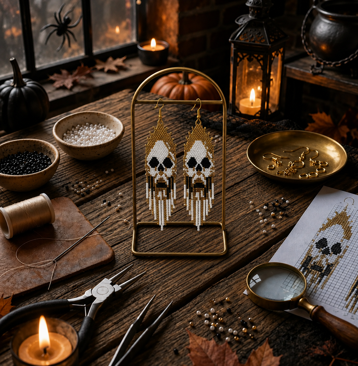 Halloween Skull Earrings Brick Stitch Pattern PDF | Miyuki Beading Tutorial