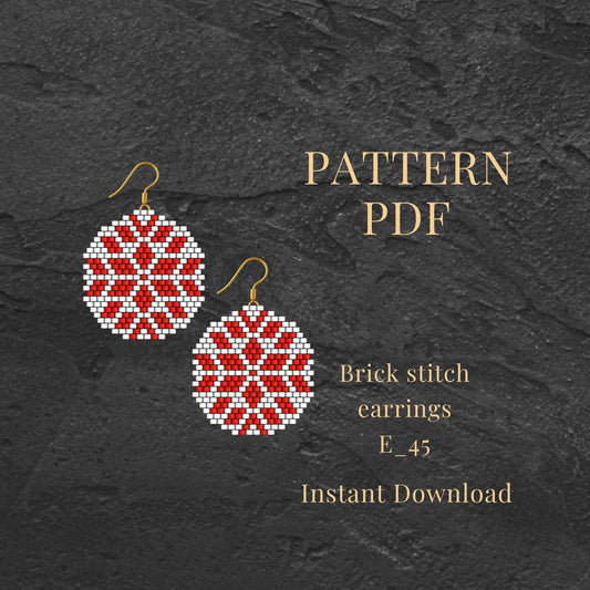 Brick stitch earrings with red and white snowflake pattern on a dark textured background