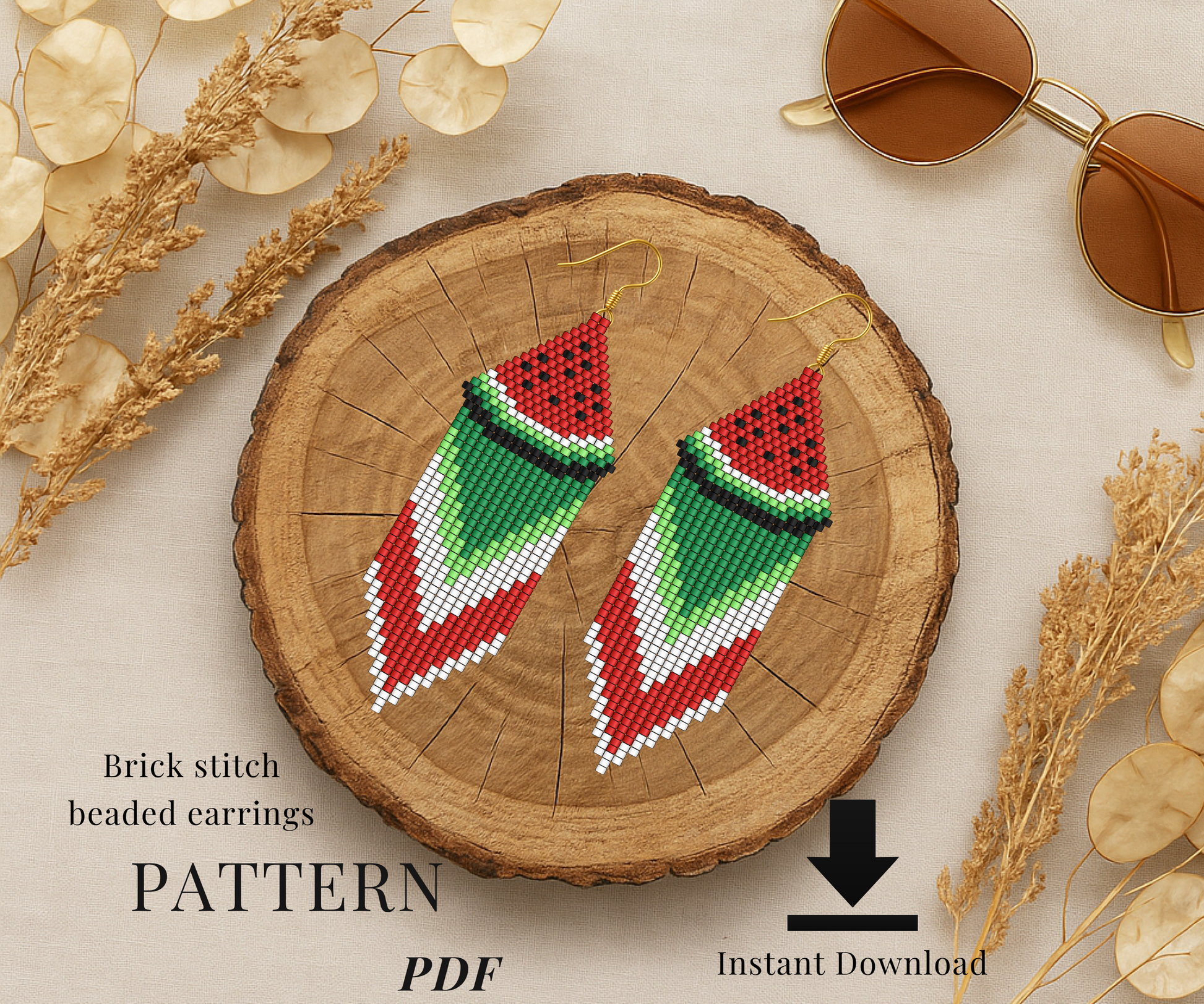 Brick stitch watermelon beaded earrings pattern