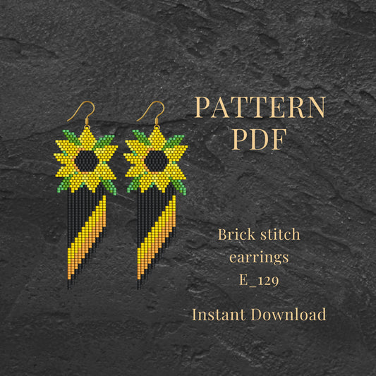 Sunflower Brick stitch earrings pattern PDF on a dark textured background