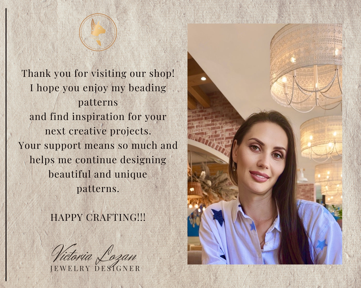Jewelry designer Victoria Lozan with a message to customers on a textured beige background