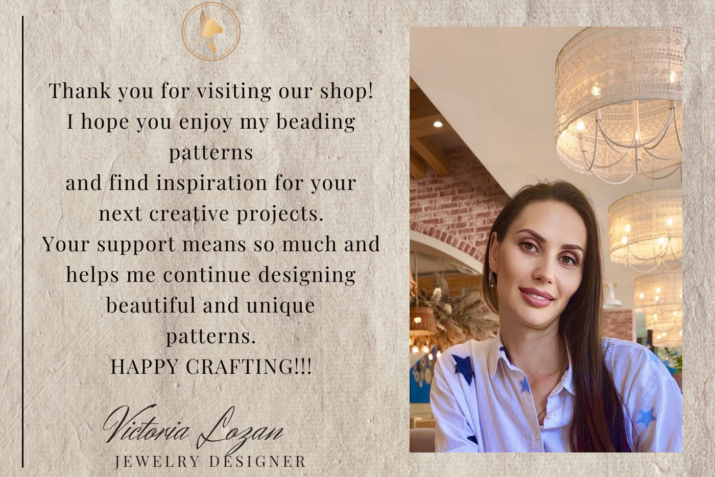 Woman in a jewelry store with text thanking customers and encouraging them to explore beading patterns.