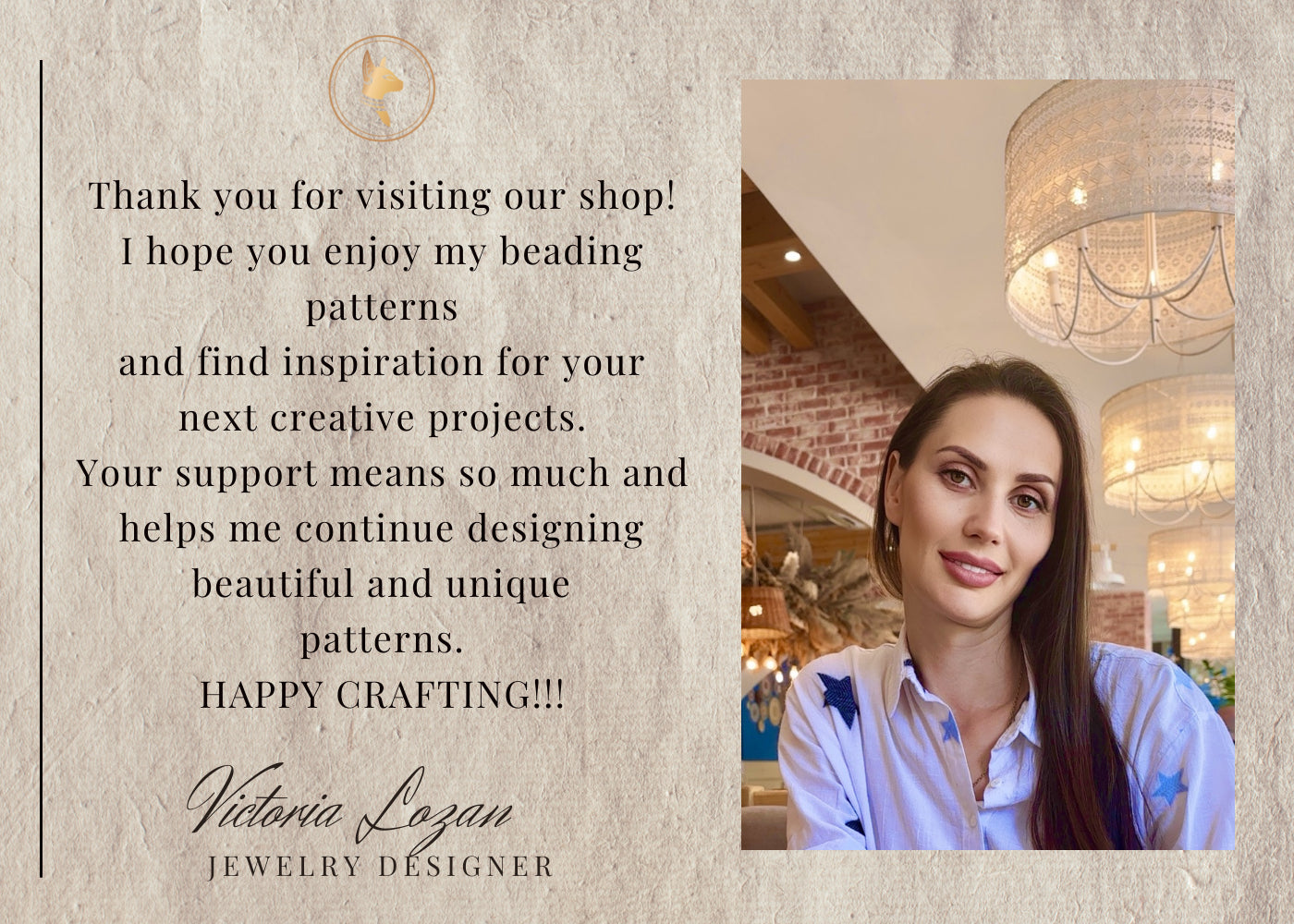 Woman in a jewelry store with text thanking customers and encouraging them to explore beading patterns.