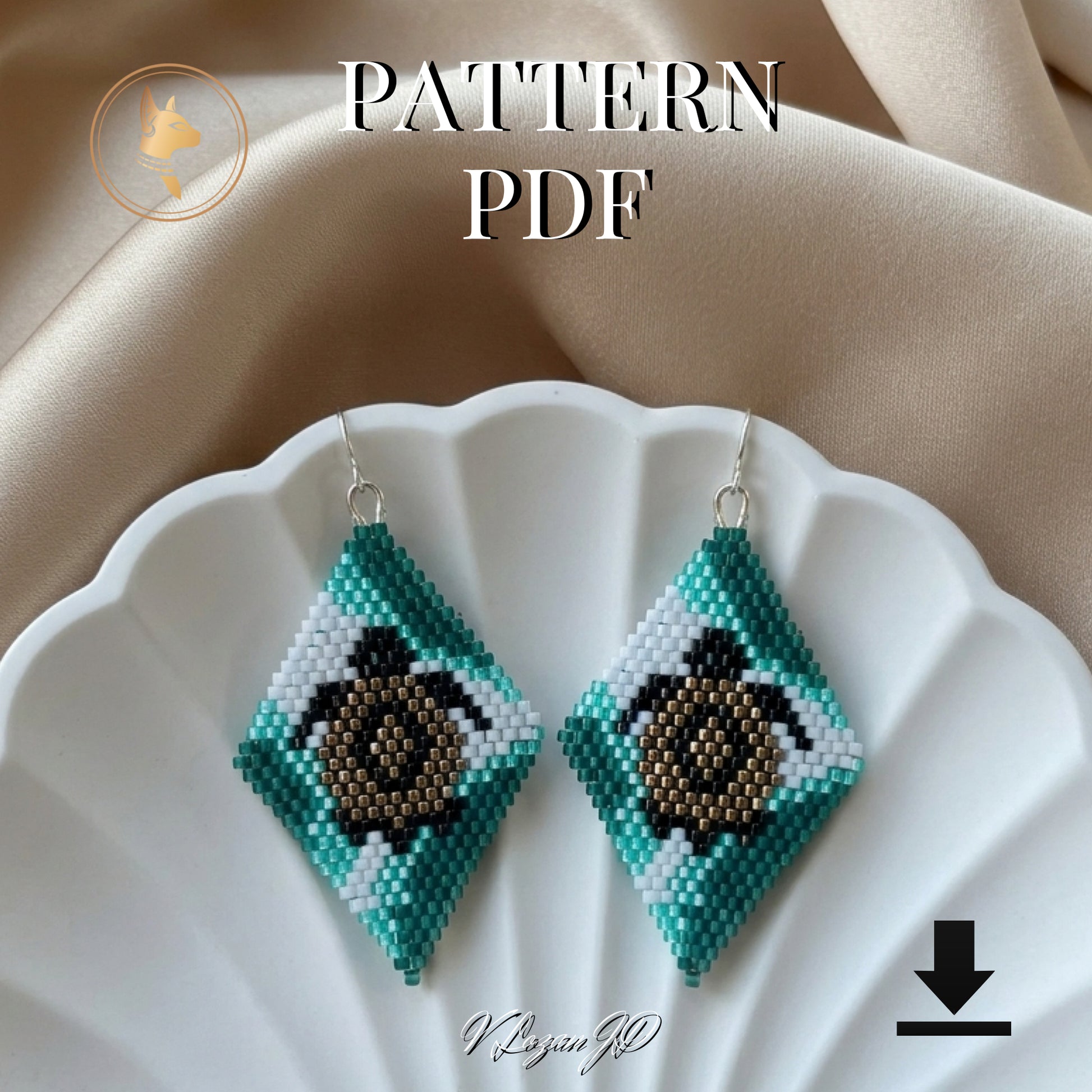 Beaded earrings on a white dish with 'Pattern PDF' text above.