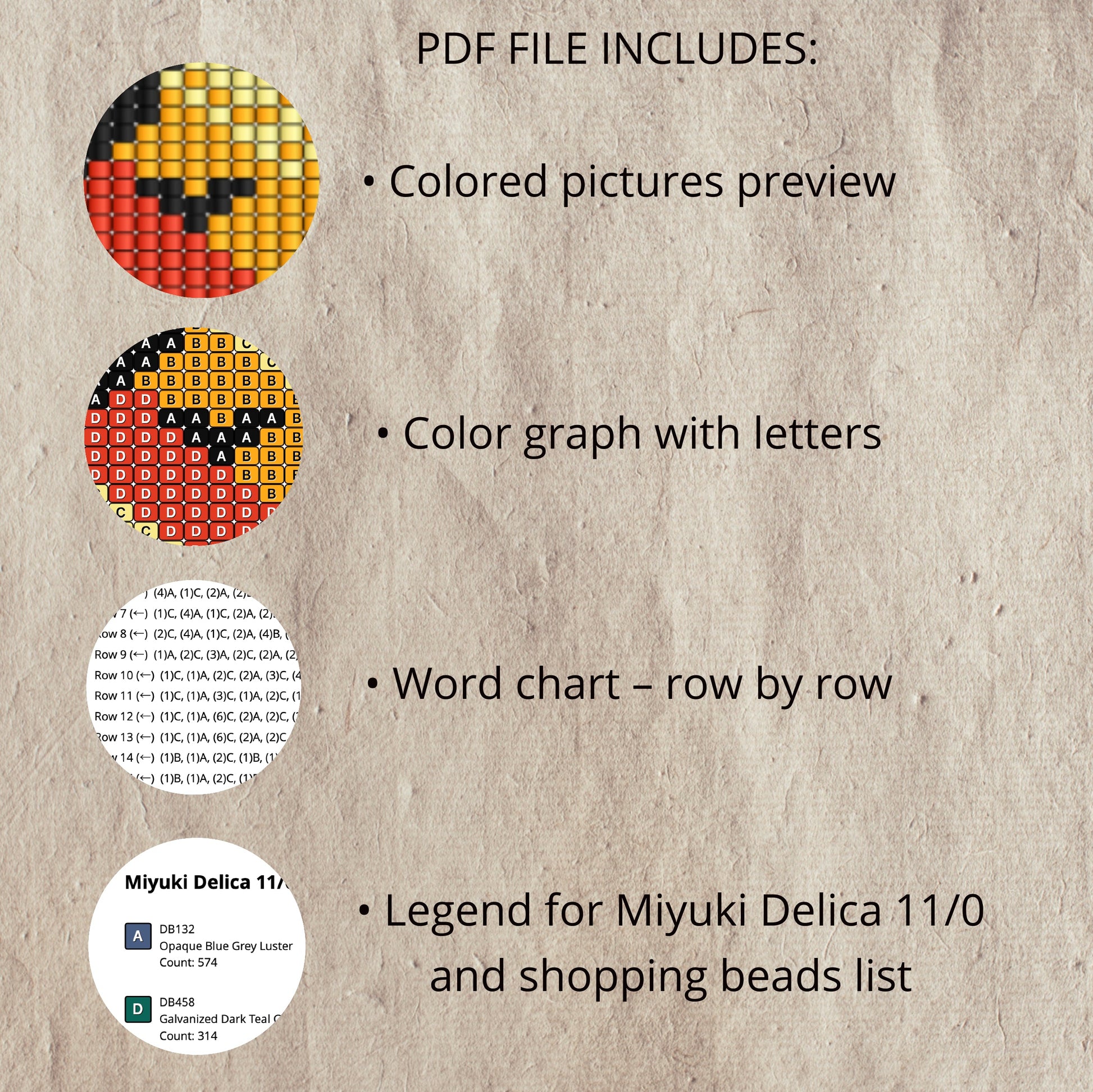Textual information about a PDF file including colored pictures, color graph, word chart, and bead legend 